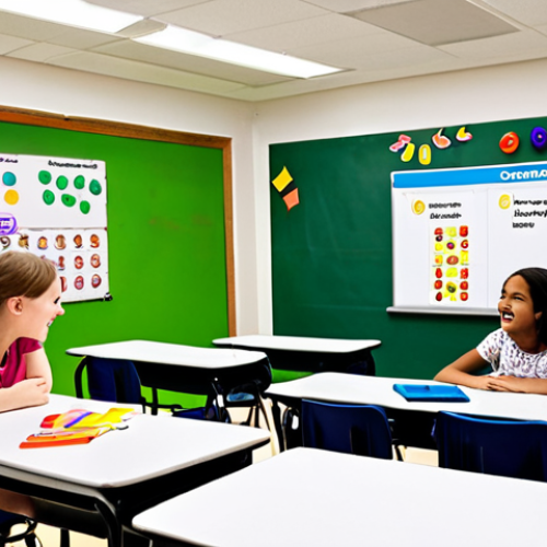 Home 11 ** A vibrant classroom scene showcasing gamified learning. Students are divided into teams, excitedly answering questions during a grammar quiz game. The setting is a modern, well-lit classroom with interactive whiteboards and colorful decorations. Focus on the students' engagement and the fun atmosphere of learning through play.
**