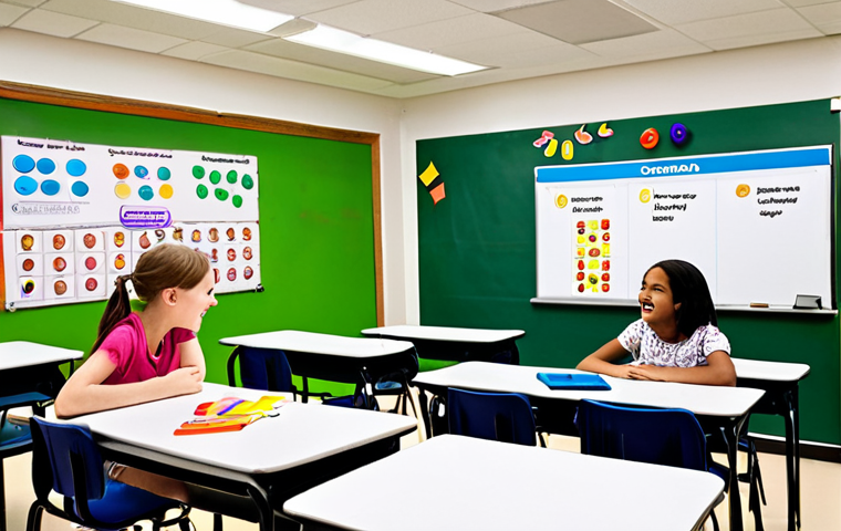 ** A vibrant classroom scene showcasing gamified learning. Students are divided into teams, excitedly answering questions during a grammar quiz game. The setting is a modern, well-lit classroom with interactive whiteboards and colorful decorations. Focus on the students' engagement and the fun atmosphere of learning through play.
**