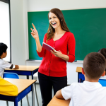 ** A beaming TESOL-certified teacher in a modern classroom, interacting with engaged students. The classroom should have bright colors and learning resources. Focus on conveying passion and the rewarding feeling of teaching.

**