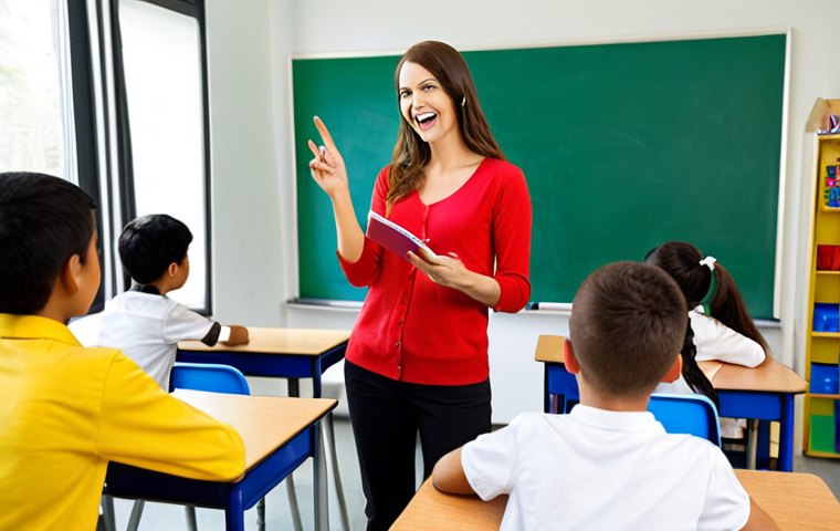 ** A beaming TESOL-certified teacher in a modern classroom, interacting with engaged students. The classroom should have bright colors and learning resources. Focus on conveying passion and the rewarding feeling of teaching.
**
