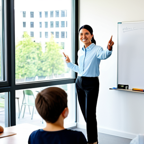 A professional female English teacher in a modest, smart-casual blouse and tailored trousers, fully clothed, stands at the front of a modern, bright classroom. She engages with a diverse group of adult students from various backgrounds, pointing clearly at a whiteboard displaying English grammar. The classroom features large windows with a blurred background suggesting an urban international setting. The scene conveys a positive, collaborative learning environment. Perfect anatomy, correct proportions, natural pose, well-formed hands, proper finger count, natural body proportions, professional photography, high quality, safe for work, appropriate content, professional, family-friendly.