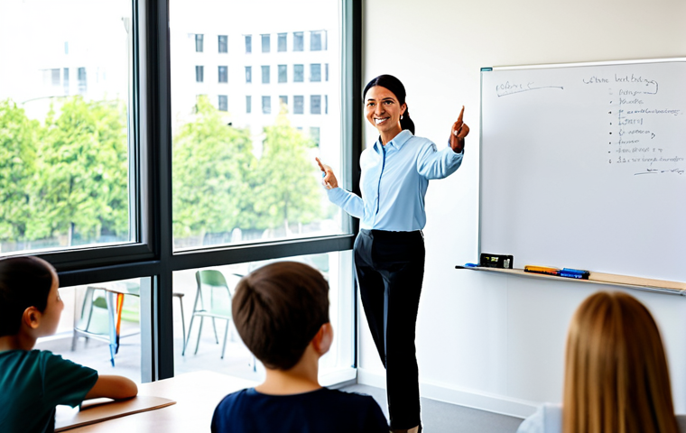 A professional female English teacher in a modest, smart-casual blouse and tailored trousers, fully clothed, stands at the front of a modern, bright classroom. She engages with a diverse group of adult students from various backgrounds, pointing clearly at a whiteboard displaying English grammar. The classroom features large windows with a blurred background suggesting an urban international setting. The scene conveys a positive, collaborative learning environment. Perfect anatomy, correct proportions, natural pose, well-formed hands, proper finger count, natural body proportions, professional photography, high quality, safe for work, appropriate content, professional, family-friendly.