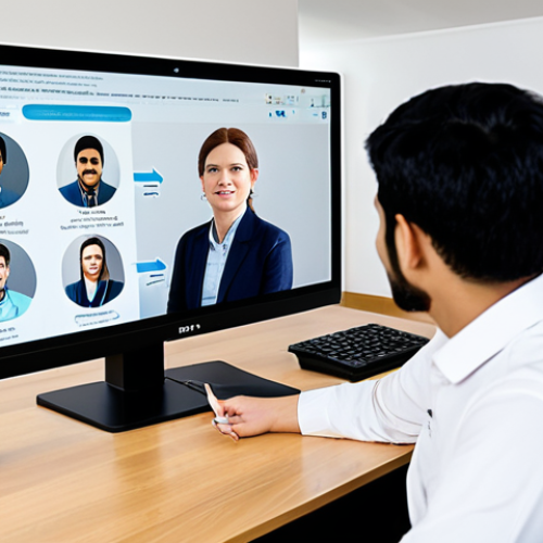 A professional, empathetic English language instructor, fully clothed in modest professional attire, is thoughtfully engaging with a diverse group of students visible on a large monitor in a modern, well-lit home office. The instructor's expression conveys deep listening and understanding, emphasizing the nuances of cross-cultural communication. The students on the screen show various comfortable and natural poses, reflecting an open learning environment. This scene promotes safe for work, appropriate content, and a family-friendly atmosphere, with perfect anatomy, correct proportions, well-formed hands, proper finger count, and natural body proportions, captured with professional photography and high quality.
