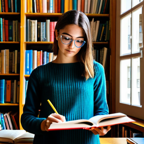 **

A young woman in a brightly lit library in Lisbon, Portugal. She's wearing a stylish, modest dress and glasses, fully clothed. She's engrossed in a textbook about economics, highlighting passages with a pen. Sunlight streams through the large windows. In the background, shelves are filled with colorful books. *Safe for work*, *appropriate content*, *professional*, *modest*, *perfect anatomy*, *natural pose*, *well-formed hands*, *proper finger count*.

**