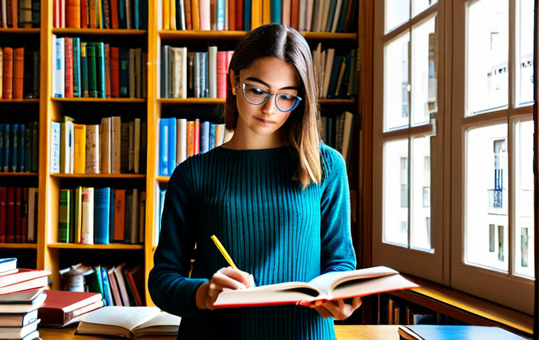 **

A young woman in a brightly lit library in Lisbon, Portugal. She's wearing a stylish, modest dress and glasses, fully clothed. She's engrossed in a textbook about economics, highlighting passages with a pen. Sunlight streams through the large windows. In the background, shelves are filled with colorful books. *Safe for work*, *appropriate content*, *professional*, *modest*, *perfect anatomy*, *natural pose*, *well-formed hands*, *proper finger count*.

**
