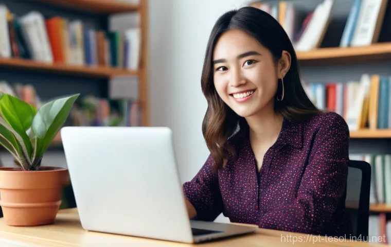 TESOL 자격증 없이 영어 강사로 일하기 - **Prompt 1: Confident Online English Instructor**
A vibrant, medium shot of a cheerful female En...