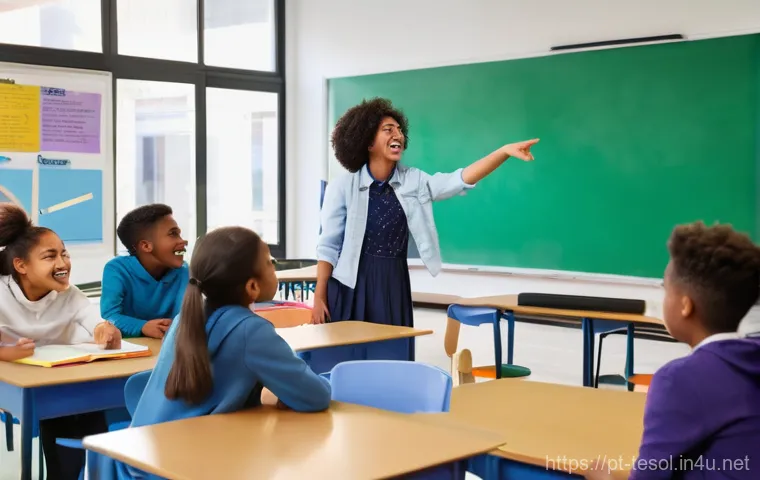 TESOL 강사가 자주 묻는 질문 - **Prompt:** A vibrant, modern classroom filled with a diverse group of high school students (aged 15...