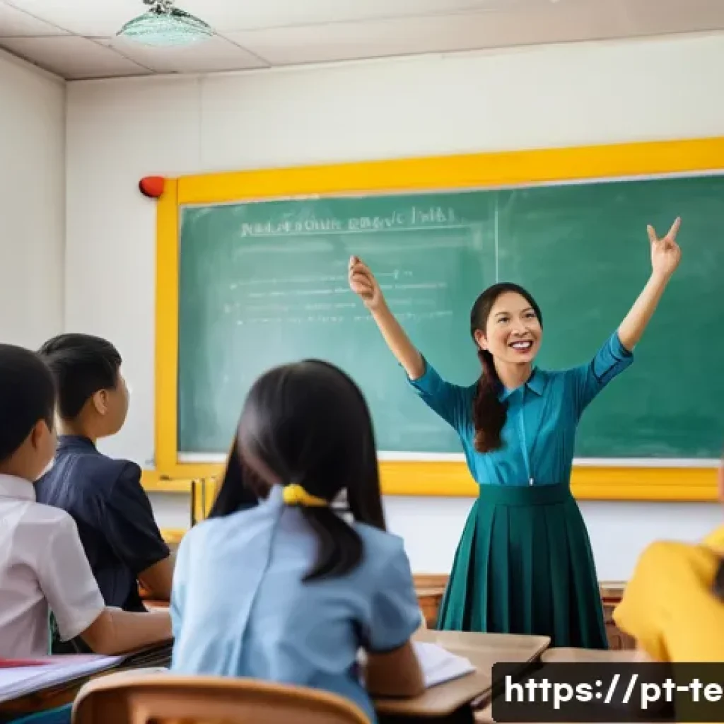 TESOL 취업 가능한 국가 - A vibrant classroom scene in Vietnam showing an enthusiastic TESOL teacher in professional attire en...