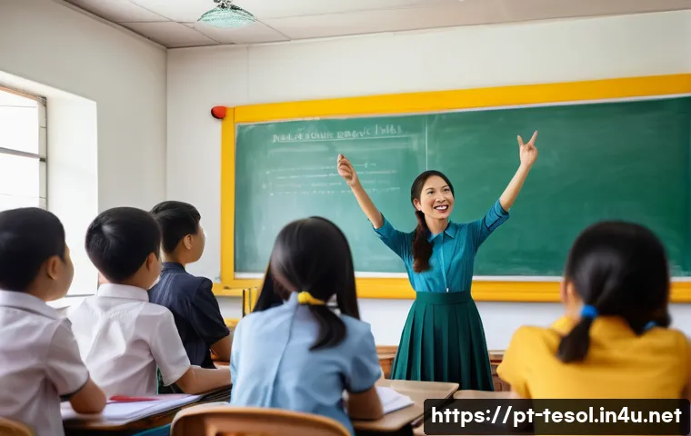 TESOL 취업 가능한 국가 - A vibrant classroom scene in Vietnam showing an enthusiastic TESOL teacher in professional attire en...