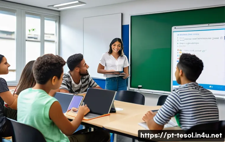 TESOL 수업 계획 작성법 - A modern classroom scene in Brazil with a diverse group of adult students engaged in an interactive ...