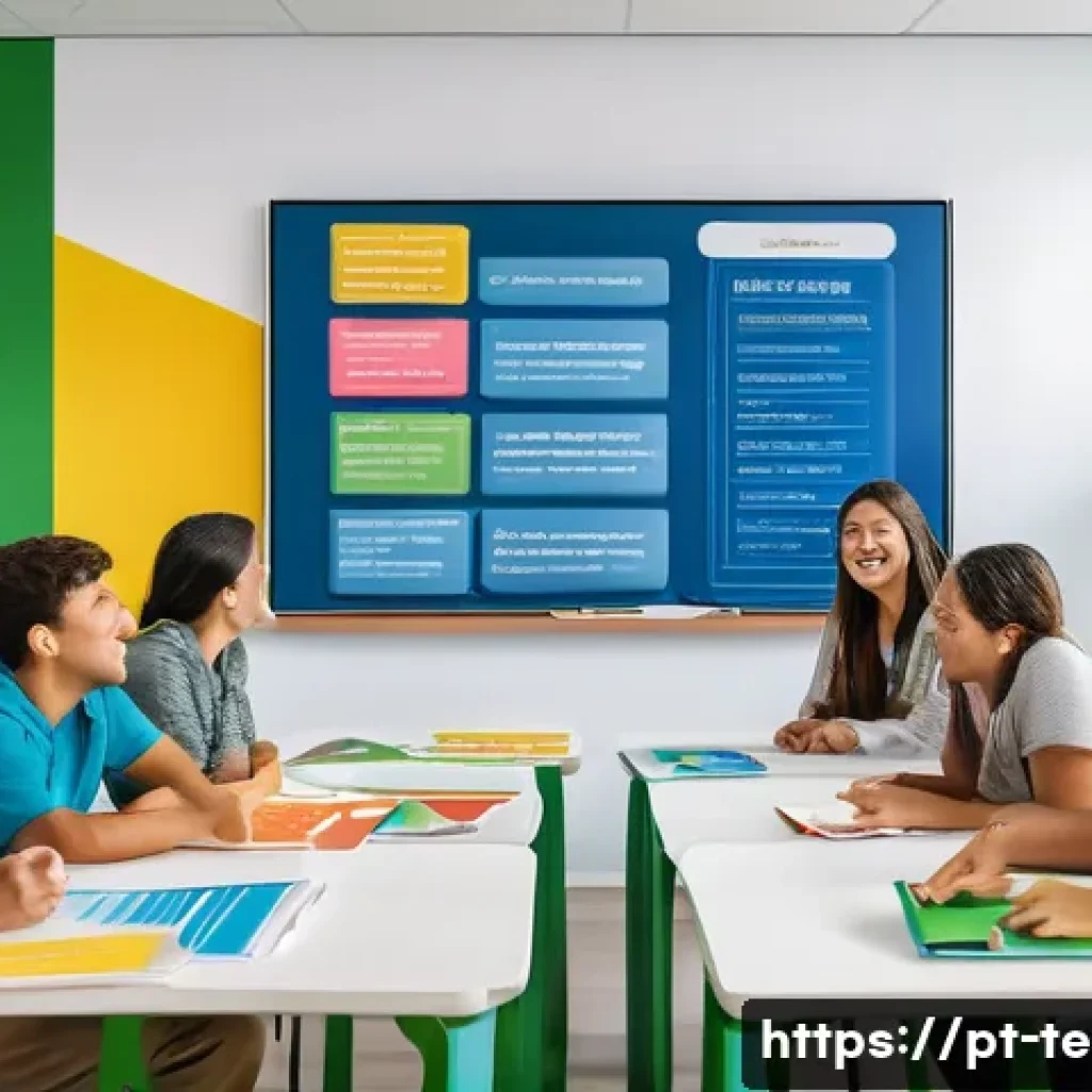 TESOL 강사가 자주 활용하는 자료 - A vibrant classroom scene in Brazil featuring a diverse group of enthusiastic adult students seated ...