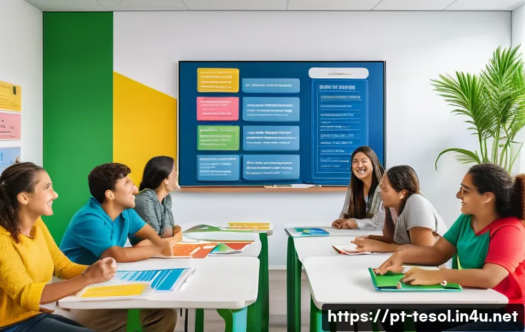 TESOL 강사가 자주 활용하는 자료 - A vibrant classroom scene in Brazil featuring a diverse group of enthusiastic adult students seated ...
