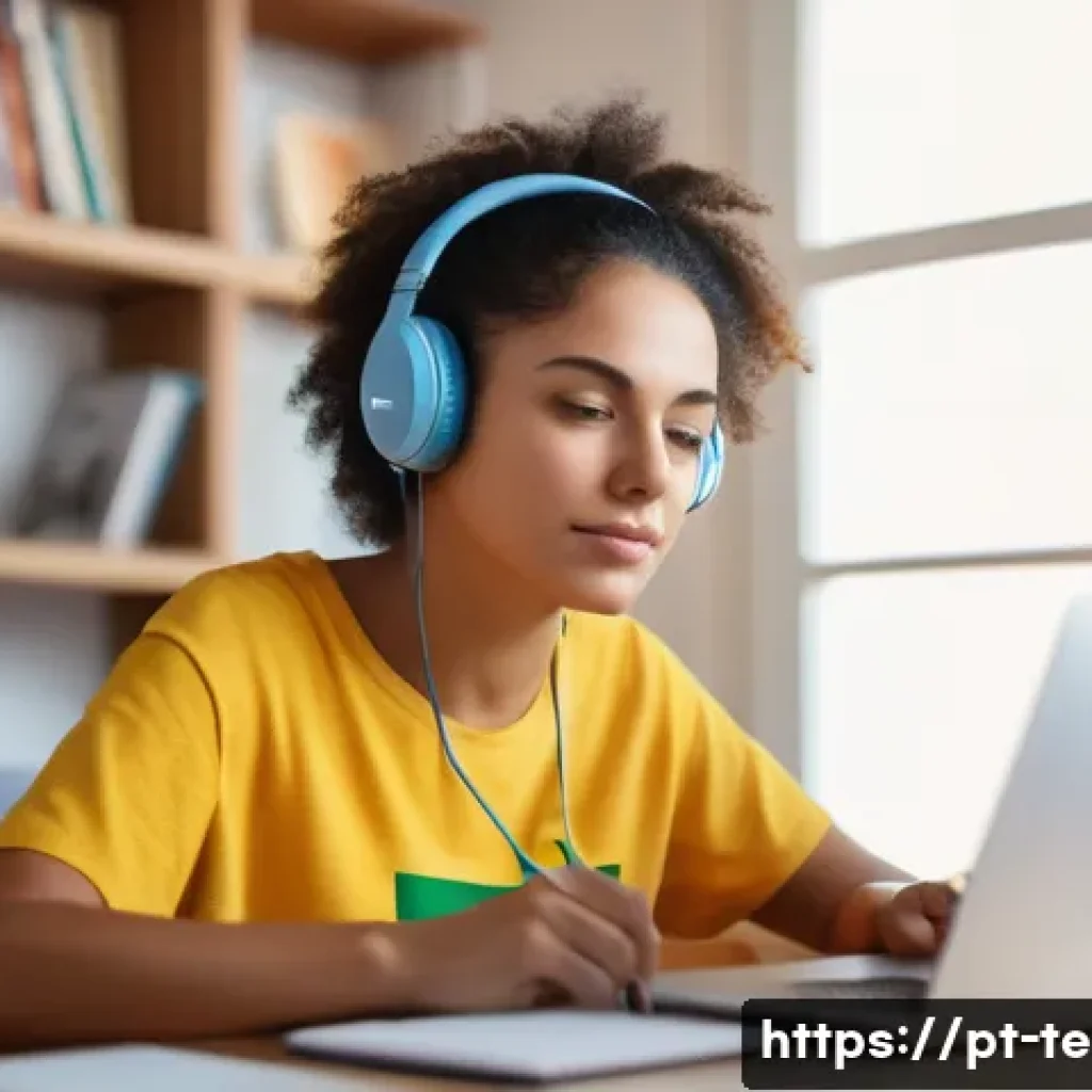 TESOL 시험 중 자주 묻는 질문 - A focused adult Brazilian woman studying for the TESOL exam at home, surrounded by English language ...