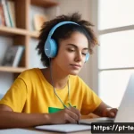 TESOL 시험 중 자주 묻는 질문 - A focused adult Brazilian woman studying for the TESOL exam at home, surrounded by English language ...