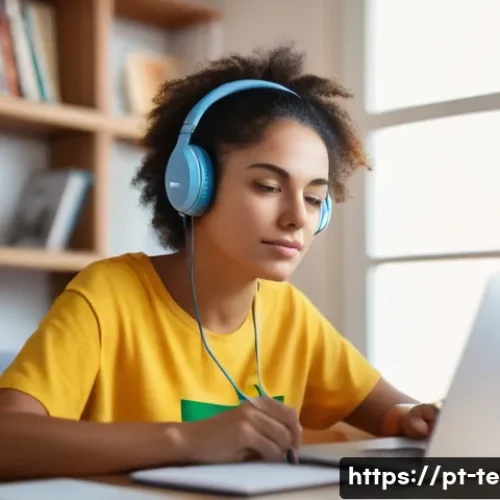 TESOL 시험 중 자주 묻는 질문 - A focused adult Brazilian woman studying for the TESOL exam at home, surrounded by English language ...