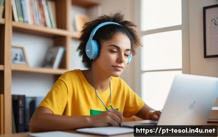 TESOL 시험 중 자주 묻는 질문 - A focused adult Brazilian woman studying for the TESOL exam at home, surrounded by English language ...