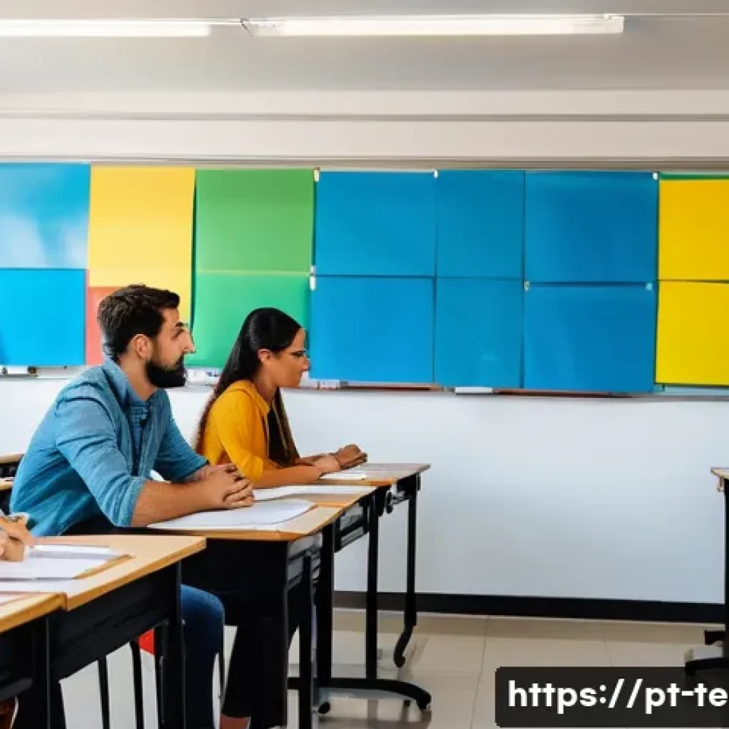 TESOL 자격증을 위한 어휘 준비 - A modern English classroom scene in Brazil, featuring a diverse group of adult students engaged in a...