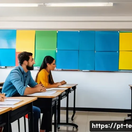 TESOL 자격증을 위한 어휘 준비 - A modern English classroom scene in Brazil, featuring a diverse group of adult students engaged in a...