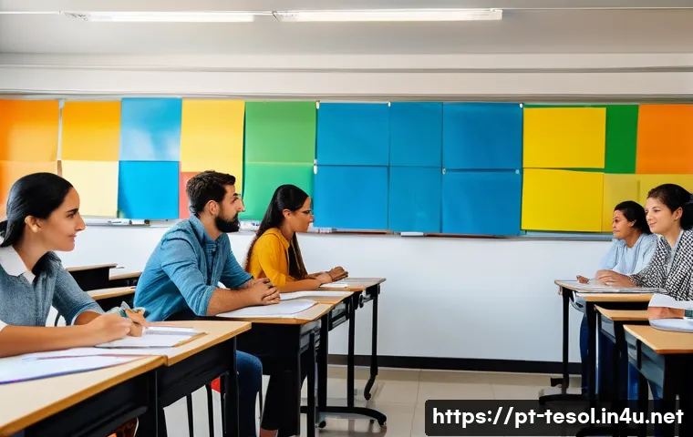TESOL 자격증을 위한 어휘 준비 - A modern English classroom scene in Brazil, featuring a diverse group of adult students engaged in a...