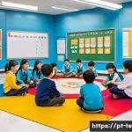TESOL 강사가 자주 사용하는 활동 - A vibrant classroom scene in a modern South Korean elementary school, showing a diverse group of you...