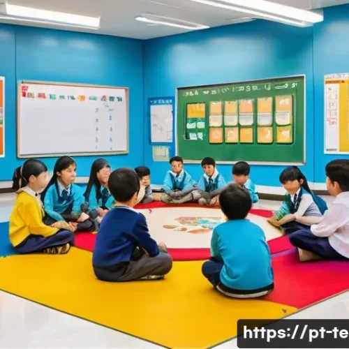 TESOL 강사가 자주 사용하는 활동 - A vibrant classroom scene in a modern South Korean elementary school, showing a diverse group of you...