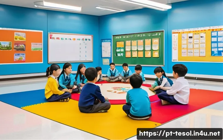 TESOL 강사가 자주 사용하는 활동 - A vibrant classroom scene in a modern South Korean elementary school, showing a diverse group of you...