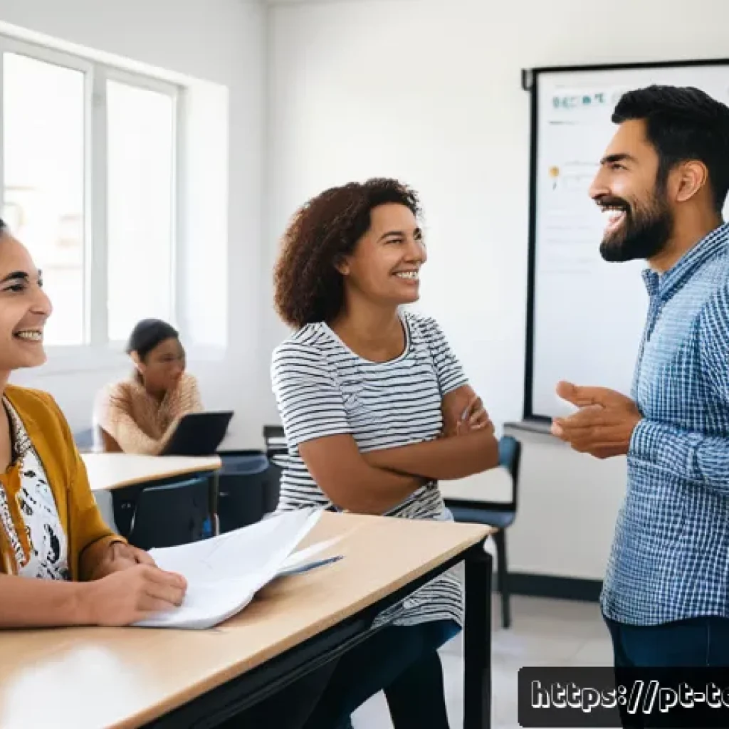 TESOL 수업 중 발생하는 문화적 오해 - A diverse group of adult students in a bright, modern TESOL classroom in Brazil, engaged in an inter...