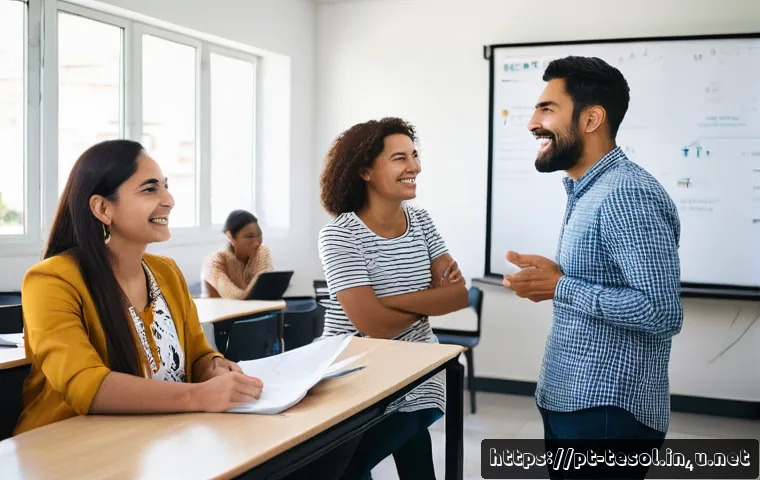 TESOL 수업 중 발생하는 문화적 오해 - A diverse group of adult students in a bright, modern TESOL classroom in Brazil, engaged in an inter...