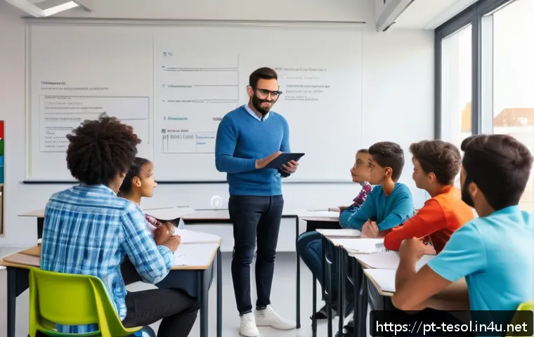 TESOL 수업에서 피드백 주는 방법 - A diverse group of adult students in a modern TESOL classroom setting, attentively listening to a te...
