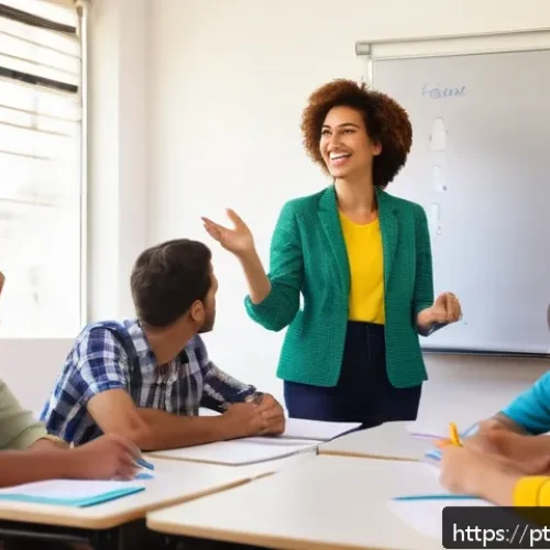 Home 31 TESOL 자격증으로 가능한 파트타임 일자리 - A modern Brazilian classroom scene with a TESOL-certified English teacher conducting an interactive ...