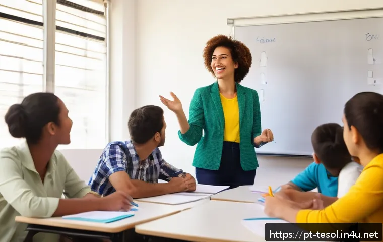 TESOL 자격증으로 가능한 파트타임 일자리 - A modern Brazilian classroom scene with a TESOL-certified English teacher conducting an interactive ...