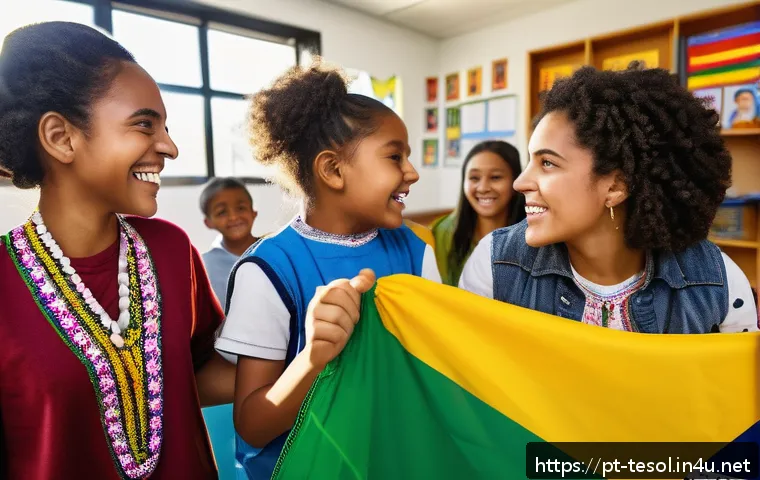 TESOL 강사로서의 언어 민감성 - A vibrant multicultural classroom scene featuring students of diverse ethnic backgrounds engaged in ...