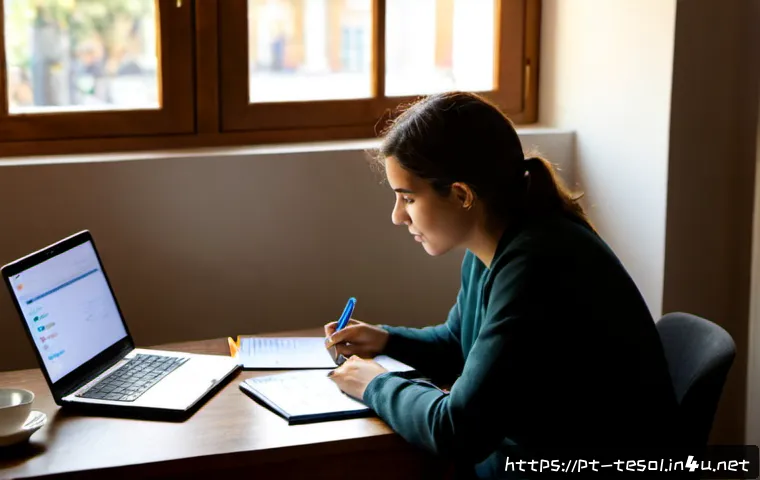 TESOL 시험에서 높은 점수 받는 법 - Photorealistic study scene of a focused Portuguese-speaking adult preparing for a TESOL exam at a ti...
